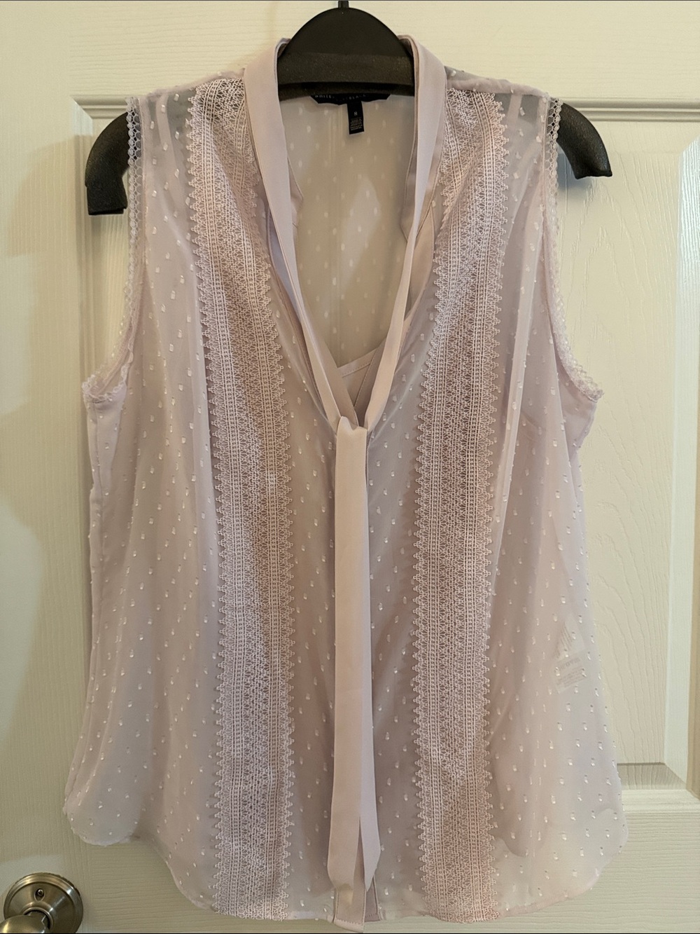 White House Black Market Pale Lavender Dotted Lace-Trim Tie-Neck Sleeveless Top